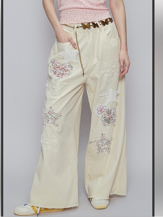 POL Denim - New: POL “Heart + Stars” Distressed Mixed Embroidery Patchwork Wide Leg Pants• M